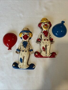 Vintage Style Chalkware Clowns with Burwood  Red & Blue Balloons